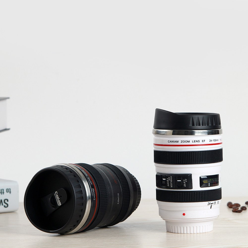 Cana termos forma obiectiv foto | Izolatie termica pentru cafea si ceai | Design unic, capac etans, portabila si rezistenta
