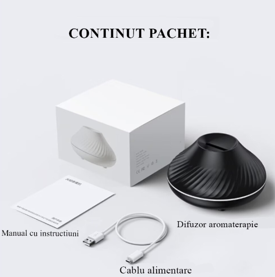 Difuzor aromaterapie si umidificator imitatie flacari | LED 7 culori, lumina de noapte | Design decorativ casa, birou, negru