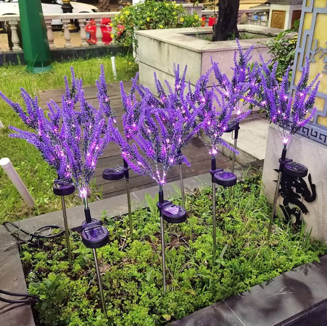 Set 2 lampi de gradina lavanda cu panou solar | Rezistente la apa, fixare tarus | Iluminat ambiental mov si argintiu pentru exterior