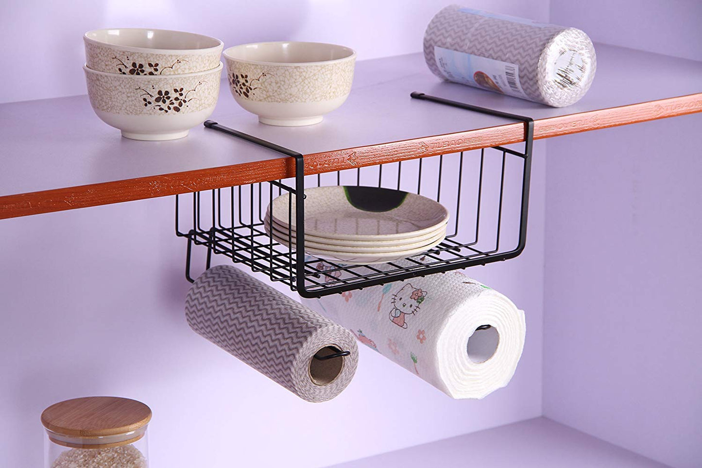 Etajera metalica depozitare sub raft 29x25cm negru | Suport organizare bucatarie, dulap, birou | Rezistenta si usor de montat