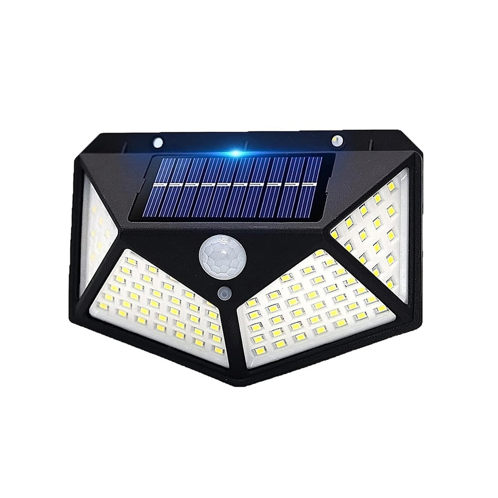 Lampa solara exterior 100 LED cu senzor de miscare | Iluminat perete fara cablu, lumina rece 6500K | Design 4 laturi, rezistenta intemperii