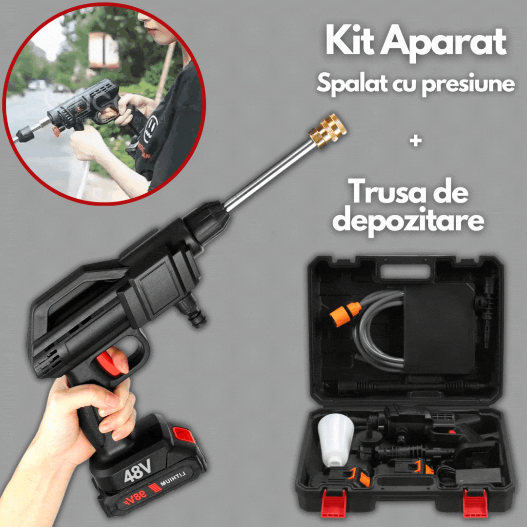 KIT aparat spalat cu presiune 48V cu rezervor detergent | Include 1 acumulator, portabil si puternic | Ideal pentru curatenie auto, gradina, exterior