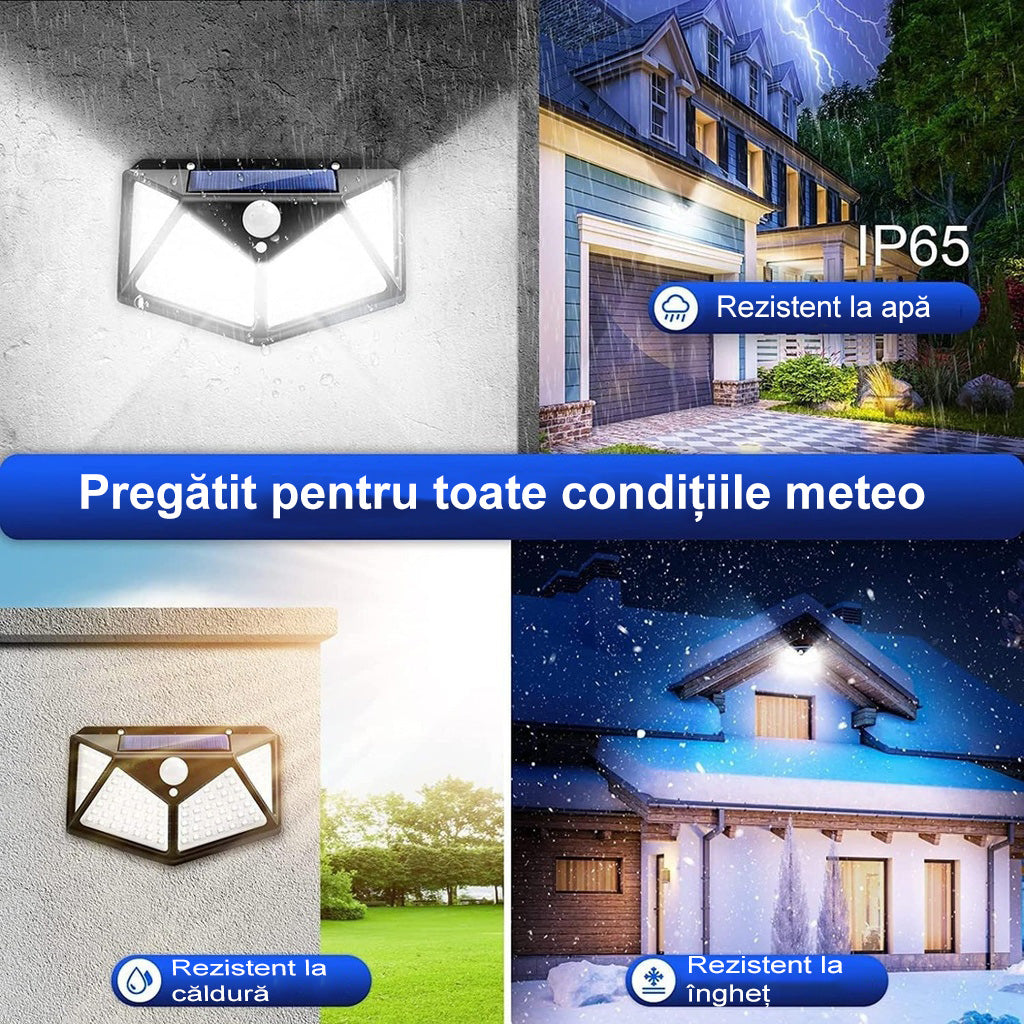 Lampa solara exterior 100 LED cu senzor de miscare | Iluminat perete fara cablu, lumina rece 6500K | Design 4 laturi, rezistenta intemperii