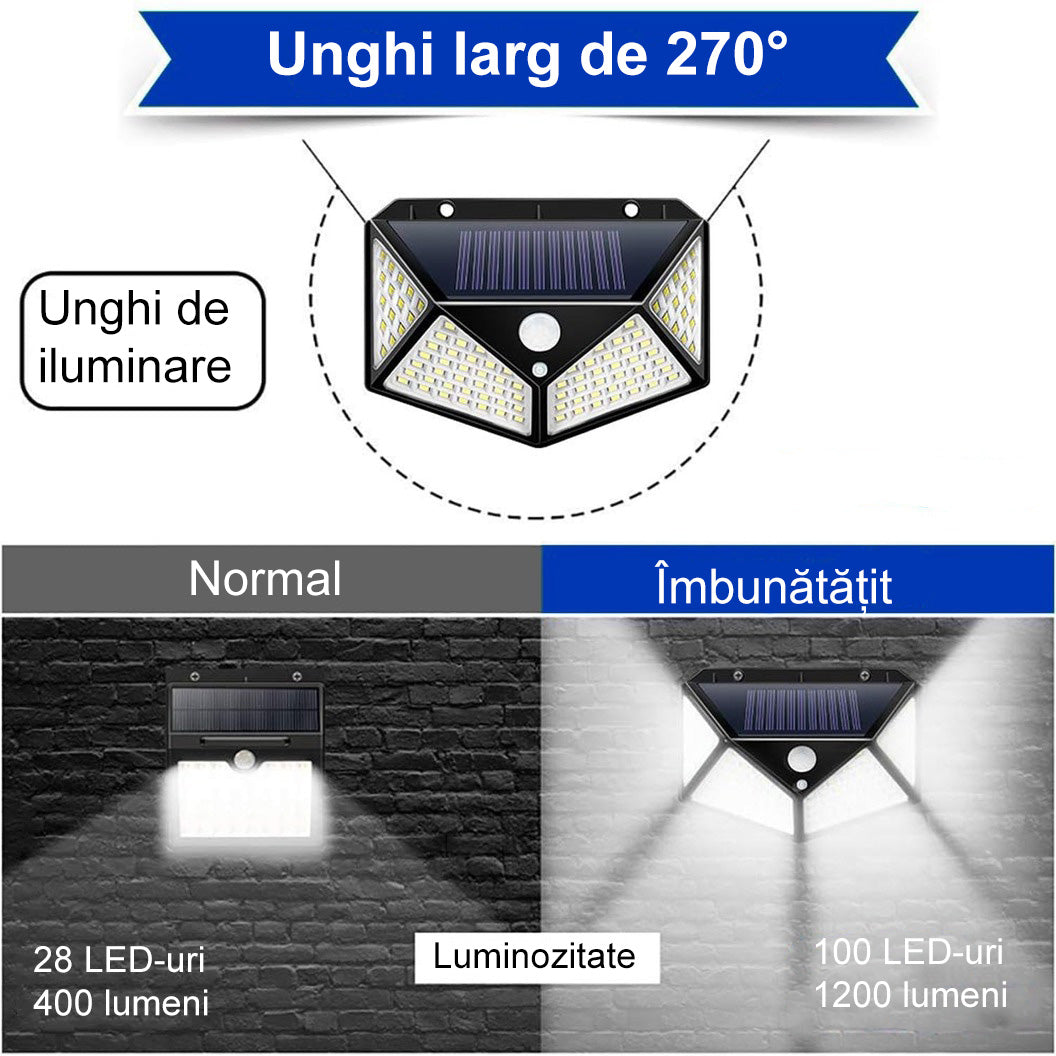 Lampa solara exterior 100 LED cu senzor de miscare | Iluminat perete fara cablu, lumina rece 6500K | Design 4 laturi, rezistenta intemperii