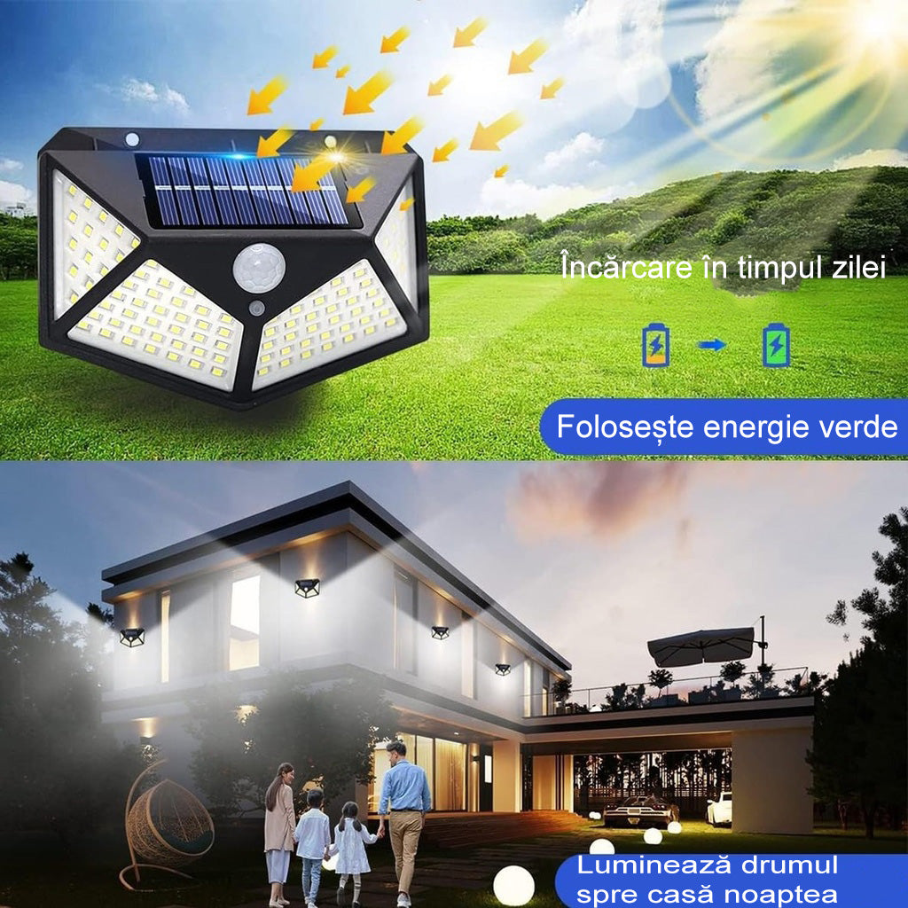 Lampa solara exterior 100 LED cu senzor de miscare | Iluminat perete fara cablu, lumina rece 6500K | Design 4 laturi, rezistenta intemperii