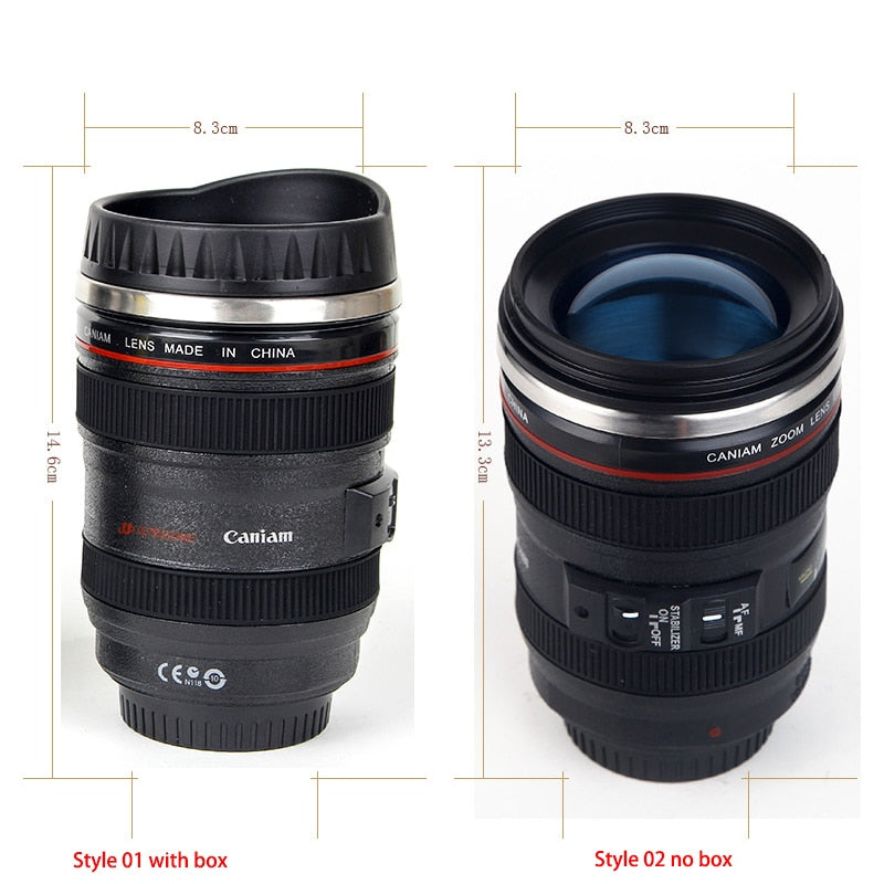 Cana termos forma obiectiv foto | Izolatie termica pentru cafea si ceai | Design unic, capac etans, portabila si rezistenta