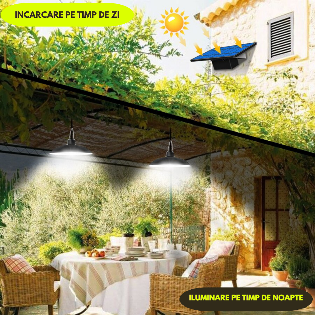Lampa solara suspendata cu 4 becuri si panou solar | Telecomanda control lumina | Iluminat exterior curte, terasa, eficient si usor de montat