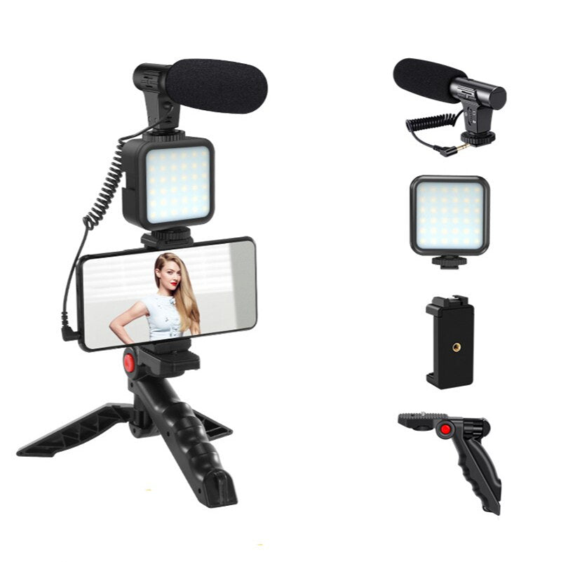 Kit vlog 4 in 1 cu microfon, lumina LED si trepied | Echipament complet filmare cu telefon | Set video creatori de continut