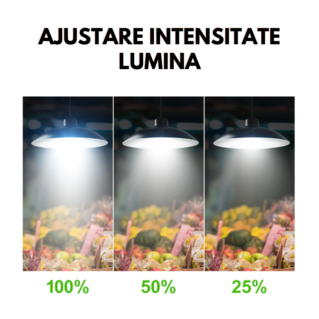 Lampa solara suspendata cu 4 becuri si panou solar | Telecomanda control lumina | Iluminat exterior curte, terasa, eficient si usor de montat