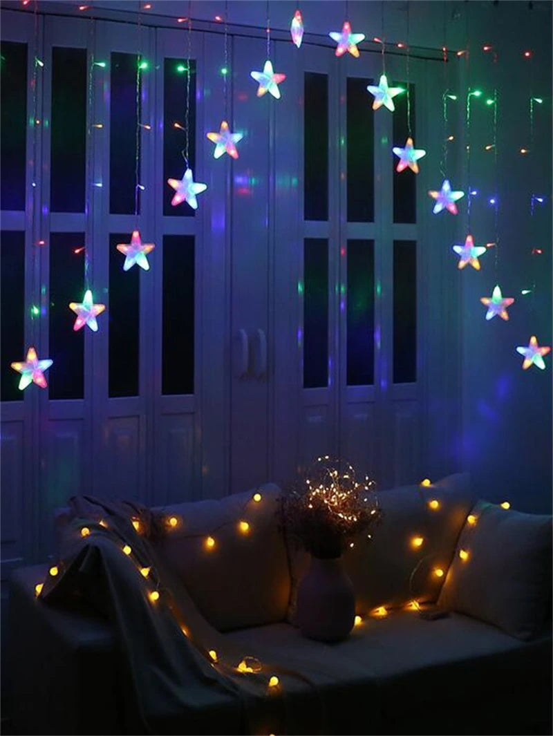 Instalatie perdea luminoasa LED de 4m, Cu stele in forma de V, Alb Cald si Multicolor