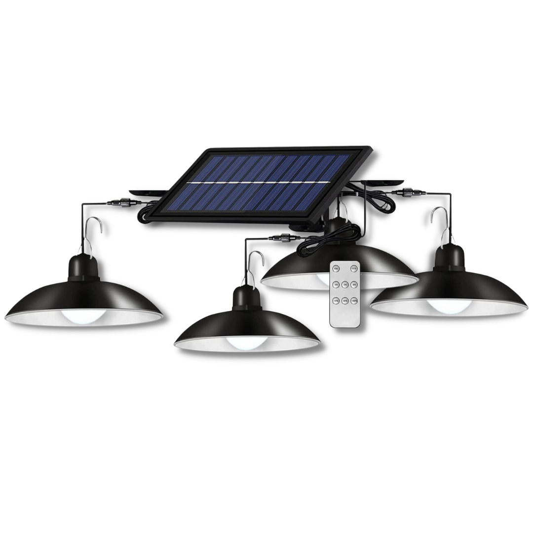 Lampa solara suspendata cu 4 becuri si panou solar | Telecomanda control lumina | Iluminat exterior curte, terasa, eficient si usor de montat