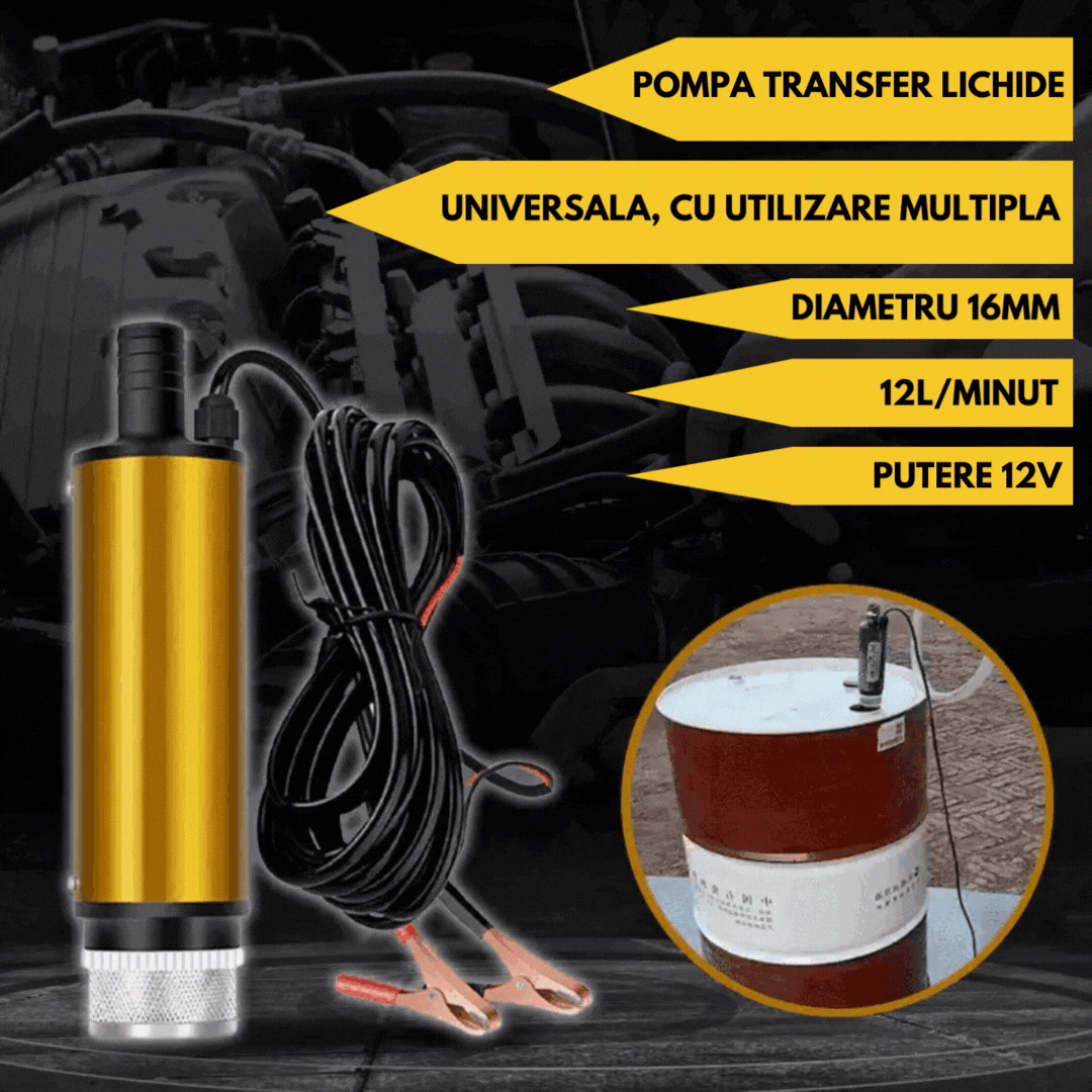 Pompa transfer lichide, combustibil sau uleiuri, putere 12L/minut, 12V, diametru 16mm, 8500 RPM