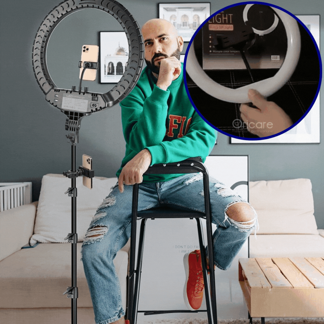 Lampa circulara cu trepied LP-0042 | Iluminare profesionala pentru video si foto | Reglabila intensitate lumina, design stabil si portabil