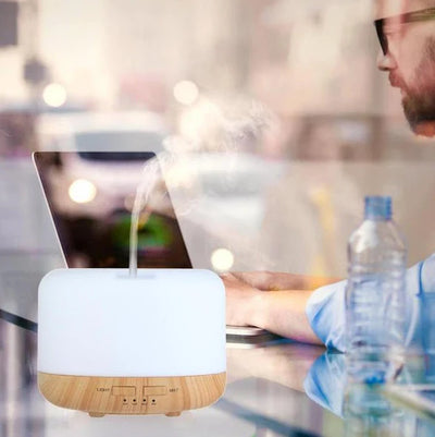 Difuzor uleiuri aromaterapie 300ml cu LED | Umidificator aer design lemn stejar | Iluminare ambientala, pentru casa si birou