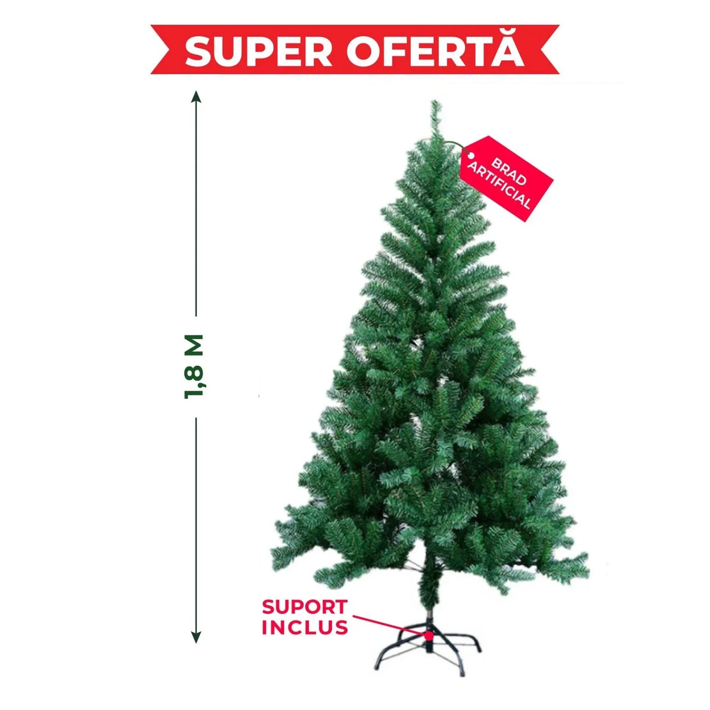 Brad Artificial de Craciun 1.8 m, Verde + accesorii CADOU