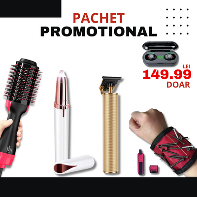 PACHET PROMOTIONAL | Aparat de tuns profesional + Perie electrica StyssiPro 3in1 + Casti Wireless inteligente + Epilator pentru sprancene TouchBrow + Bratara Magnetica de Incheietura