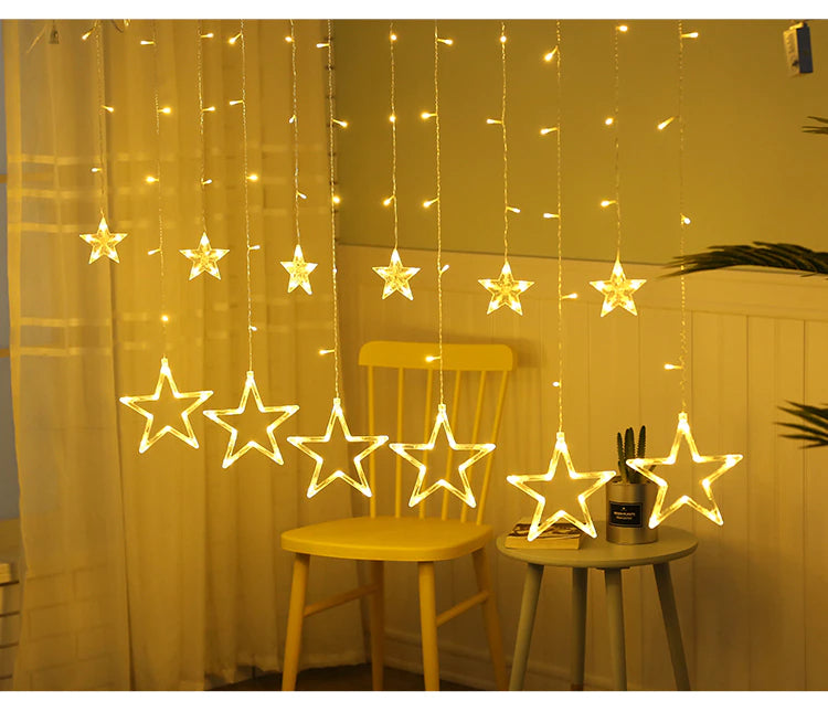 Instalatie perdea luminoasa LED de 4m, 12 stele, mari si mici, interconectabila, 8 programe, Alb Cald si Multicolor