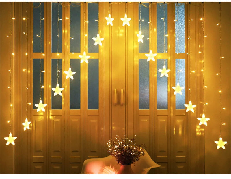 Instalatie perdea luminoasa LED de 4m, Cu stele in forma de V, Alb Cald si Multicolor