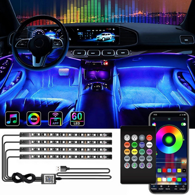 Banda LED auto RGB pentru interior masina | Iluminat ambiental multicolor cu telecomanda | Flexibila, 12V, usor de montat pe bord si usi
