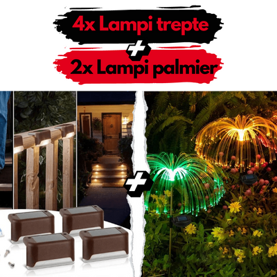 Super PACHET: SET 4x Lumini solare pentru trepte + SET 2x Lampa palmier RGB