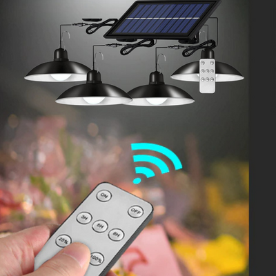 Lampa solara suspendata cu 4 becuri si panou solar | Telecomanda control lumina | Iluminat exterior curte, terasa, eficient si usor de montat