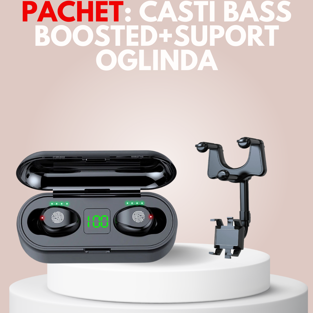 PROMOTIE: Casti Bass Boosted+Suport telefon Oglinda retrovizoare, ajustabil