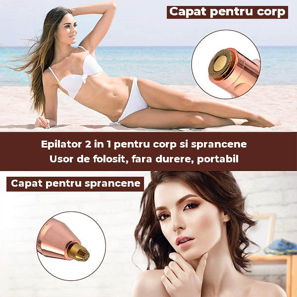 Epilator 2 in 1 pentru sprancene, fata si corp, cu incarcare USB, portabil, usor de utilizat