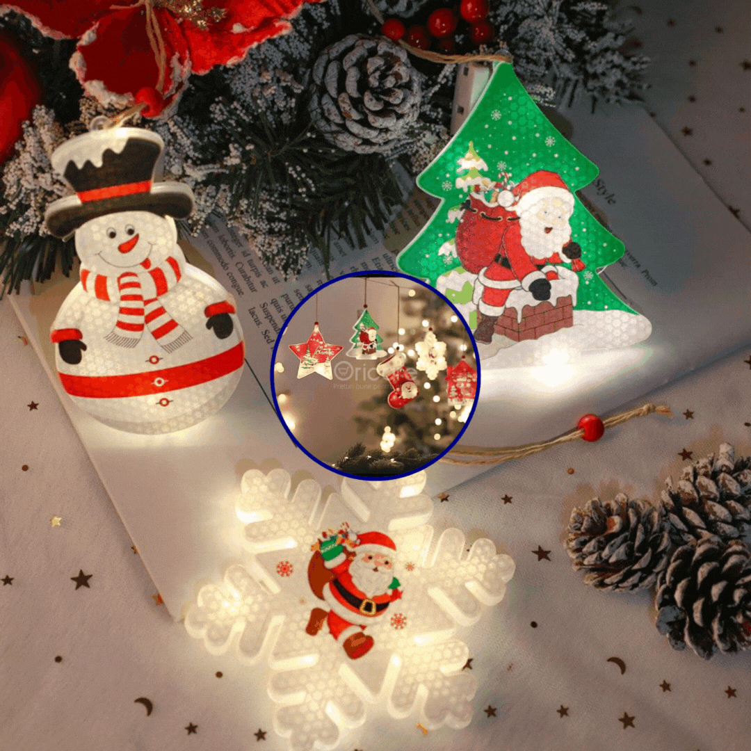 Instalatie craciun, perdea luminoasa cu diferite forme, 8 figurine