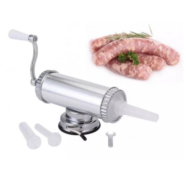 Masina manuala de umplut si facut carnati, capacitate 2.5Kg, Inox, 3 palnii incluse